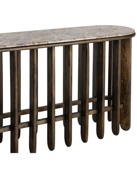 Grande Console design Ovale 160 cm Marbre Beige Bois de manguier Marron foncé Stravé 