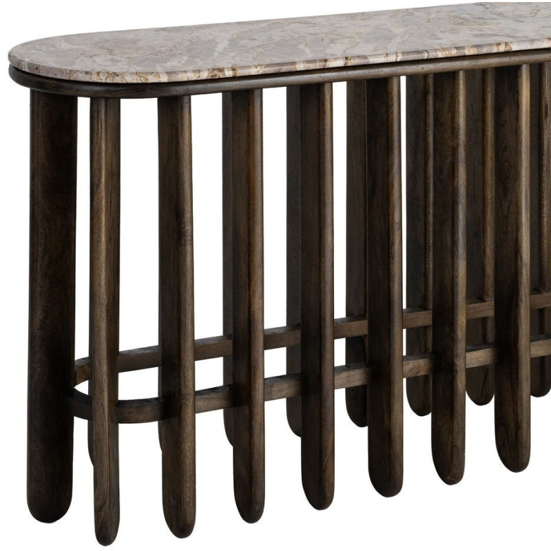 Grande Console design Ovale 160 cm Marbre Beige Bois de manguier Marron foncé Stravé 