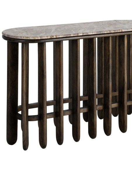 Grande Console design Ovale 160 cm Marbre Beige Bois de manguier Marron foncé Stravé 