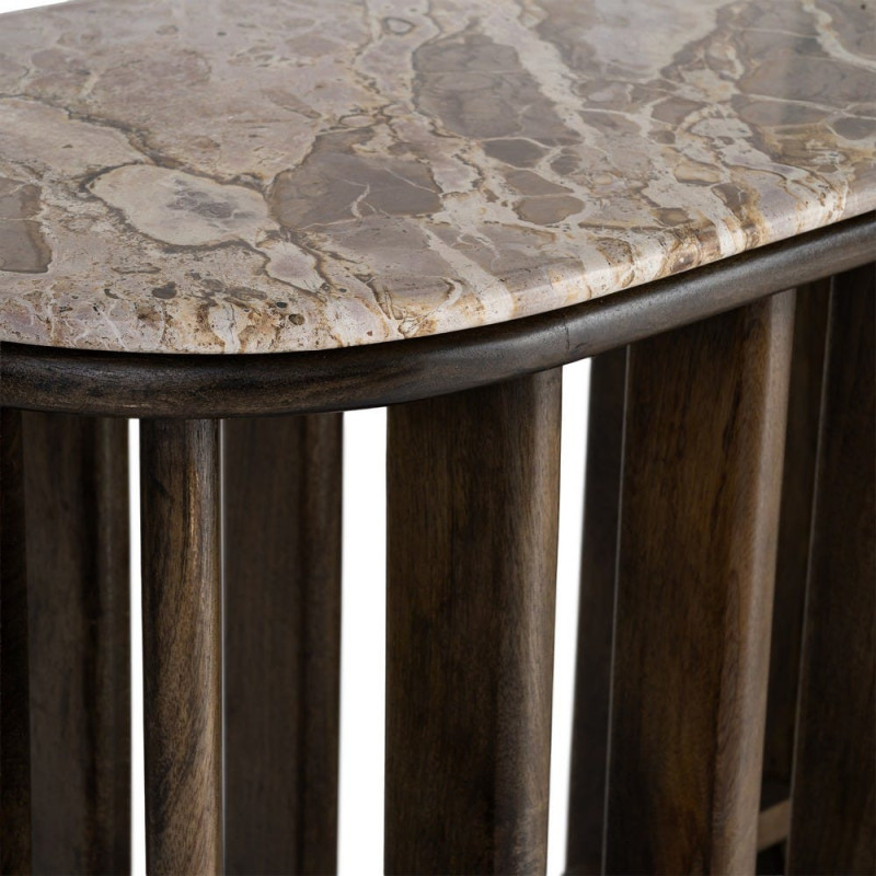 Grande Console design Ovale 160 cm Marbre Beige Bois de manguier Marron foncé Stravé 