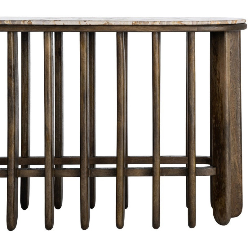 Grande Console design Ovale 160 cm Marbre Beige Bois de manguier Marron foncé Stravé 
