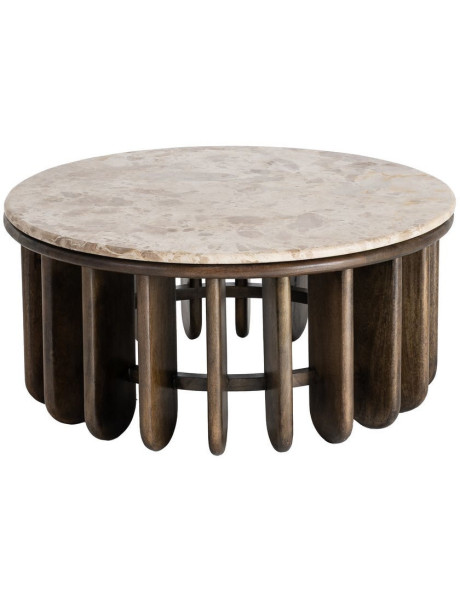 Grande Table basse design Ronde 90 cm Marbre Beige Bois de manguier Marron foncé Stravé 