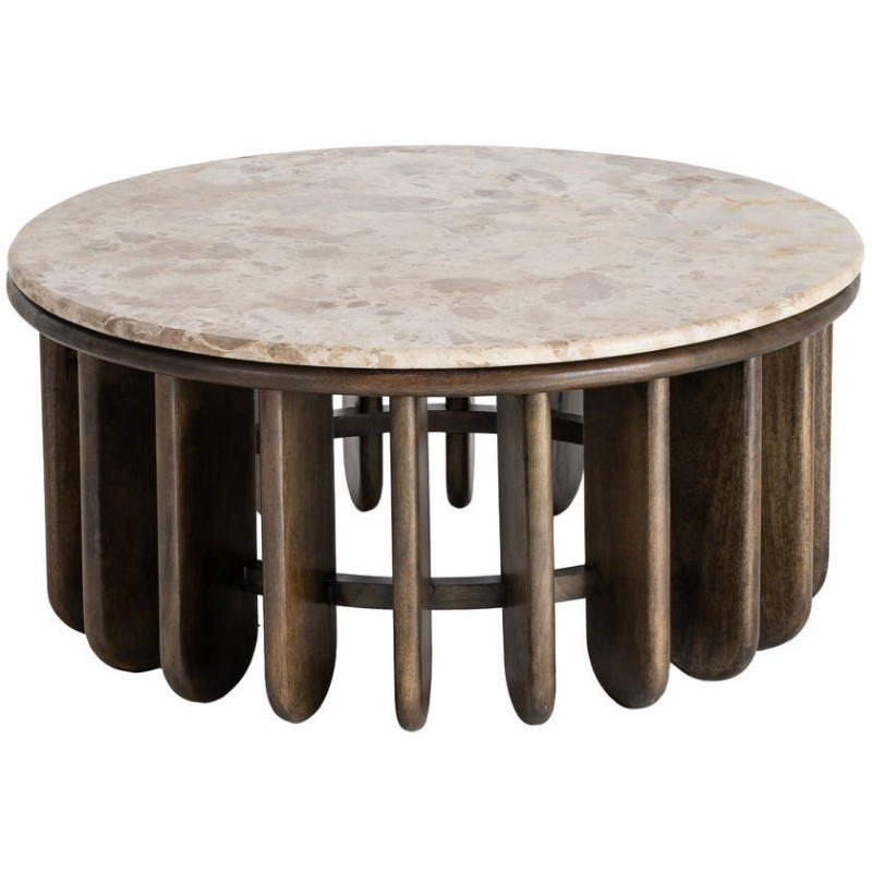 Grande Table basse design Ronde 90 cm Marbre Beige Bois de manguier Marron foncé Stravé 