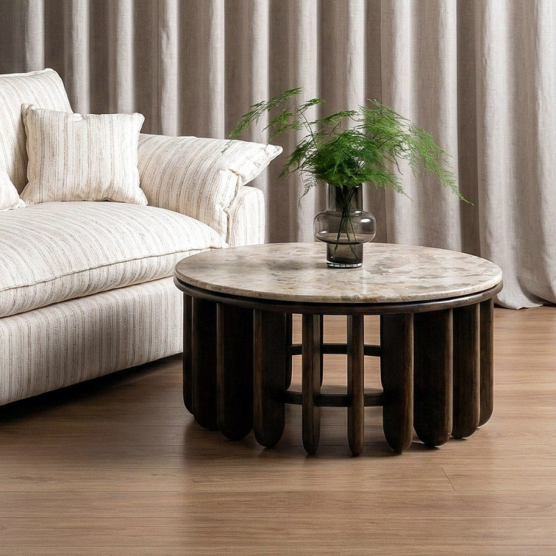 Grande Table basse design Ronde 90 cm Marbre Beige Bois de manguier Marron foncé Stravé 