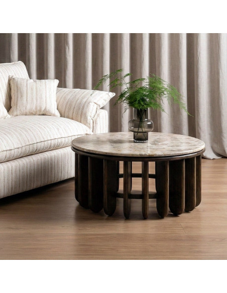 Grande Table basse design Ronde 90 cm Marbre Beige Bois de manguier Marron foncé Stravé 