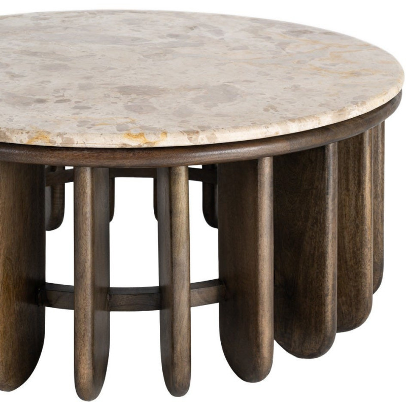 Grande Table basse design Ronde 90 cm Marbre Beige Bois de manguier Marron foncé Stravé 