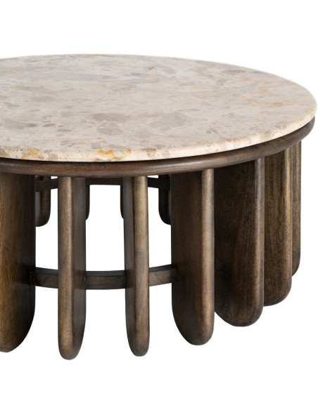 Grande Table basse design Ronde 90 cm Marbre Beige Bois de manguier Marron foncé Stravé 