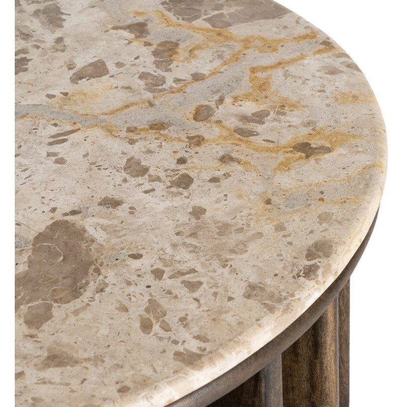 Grande Table basse design Ronde 90 cm Marbre Beige Bois de manguier Marron foncé Stravé 