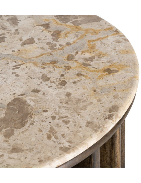 Grande Table basse design Ronde 90 cm Marbre Beige Bois de manguier Marron foncé Stravé 