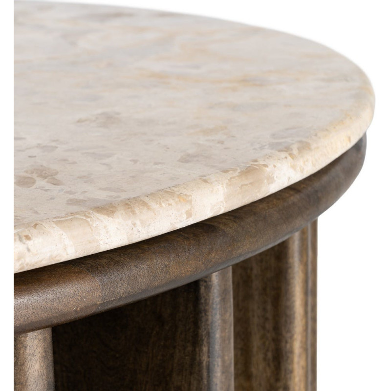 Grande Table basse design Ronde 90 cm Marbre Beige Bois de manguier Marron foncé Stravé 