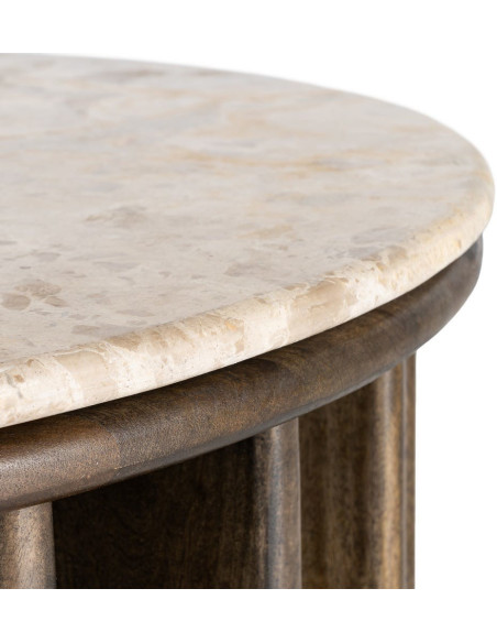 Grande Table basse design Ronde 90 cm Marbre Beige Bois de manguier Marron foncé Stravé 