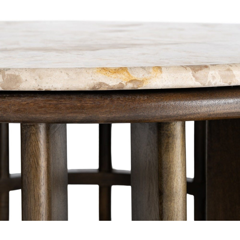 Grande Table basse design Ronde 90 cm Marbre Beige Bois de manguier Marron foncé Stravé 
