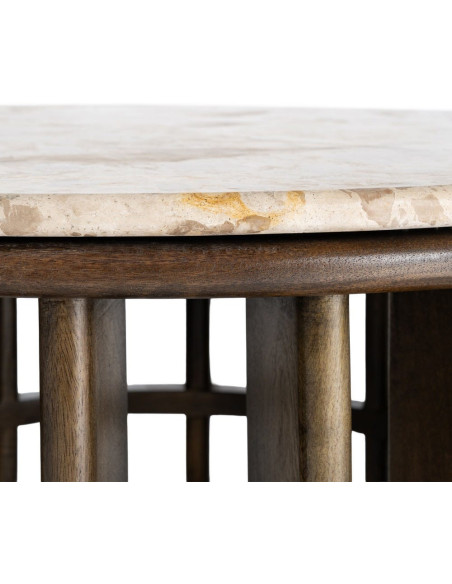 Grande Table basse design Ronde 90 cm Marbre Beige Bois de manguier Marron foncé Stravé 