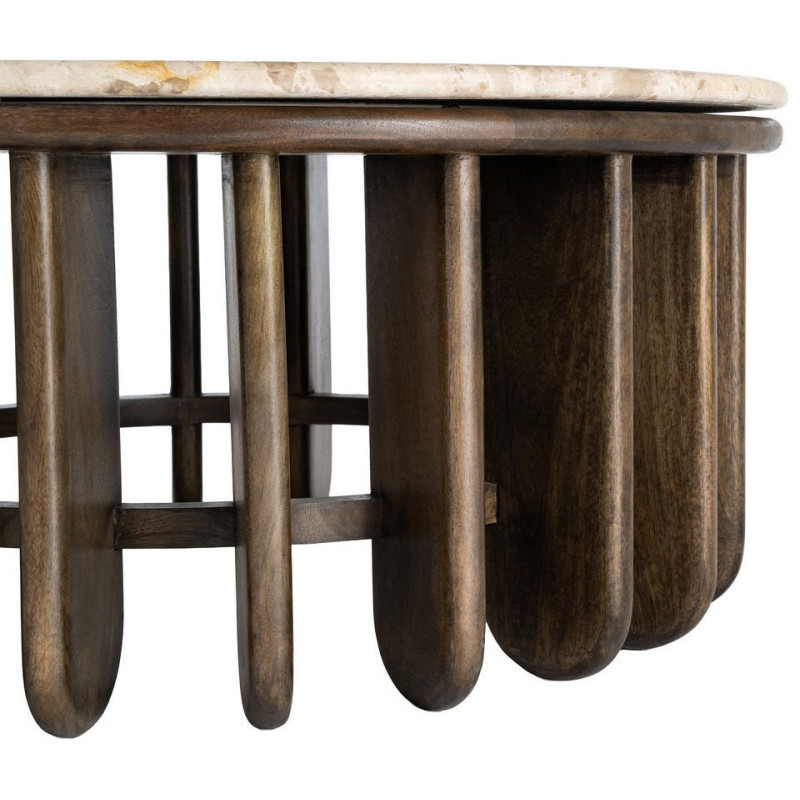 Grande Table basse design Ronde 90 cm Marbre Beige Bois de manguier Marron foncé Stravé 