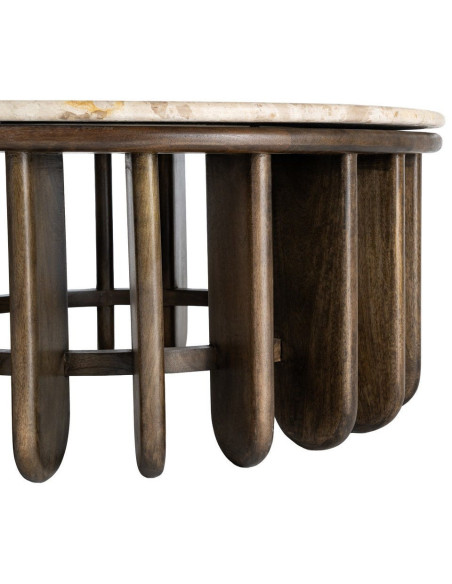 Grande Table basse design Ronde 90 cm Marbre Beige Bois de manguier Marron foncé Stravé 