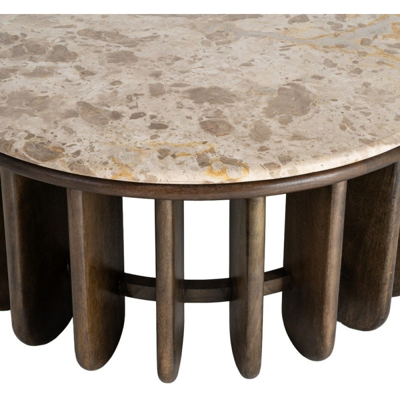 Grande Table basse design Ronde 90 cm Marbre Beige Bois de manguier Marron foncé Stravé 