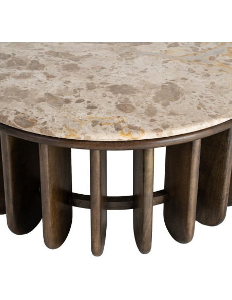 Grande Table basse design Ronde 90 cm Marbre Beige Bois de manguier Marron foncé Stravé 