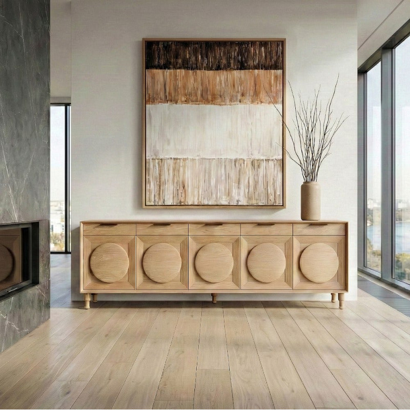 Grand Buffet bahut design mid century Bas 5 portes 5 tiroirs 240 cm Bois de chêne Naturel Rondys 