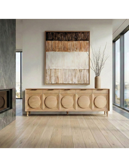 Grand Buffet bahut design mid century Bas 5 portes 5 tiroirs 240 cm Bois de chêne Naturel Rondys 