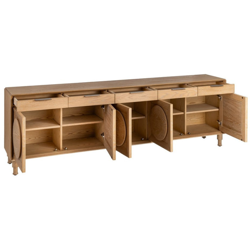 Grand Buffet bahut design mid century Bas 5 portes 5 tiroirs 240 cm Bois de chêne Naturel Rondys 