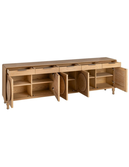 Grand Buffet bahut design mid century Bas 5 portes 5 tiroirs 240 cm Bois de chêne Naturel Rondys 
