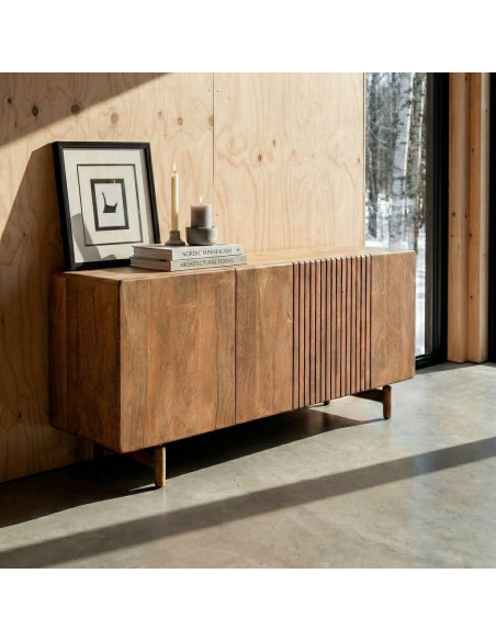 Buffet japandi minimaliste Bas 3 portes 160 cm Bois de manguier Naturel Kyvora 