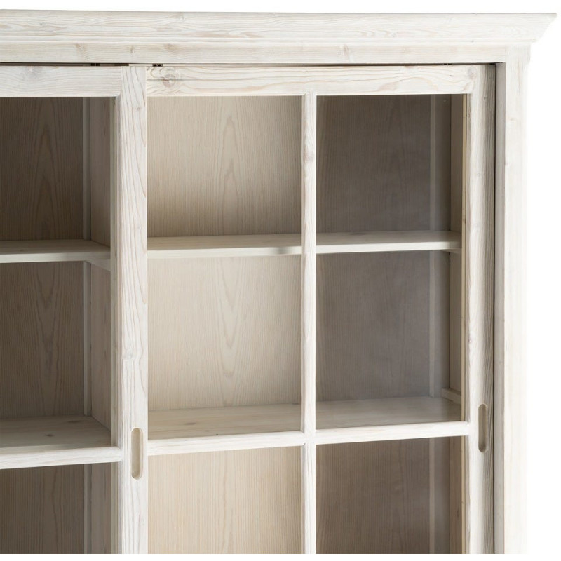 Grande Bibliothèque Vitrine campagne chic 2 portes 4 tiroirs Bois de pin Naturel Blanchi Verre Transparent Héritagea 