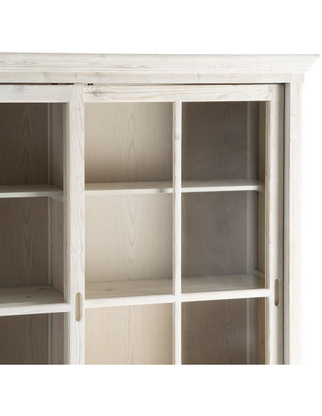 Grande Bibliothèque Vitrine campagne chic 2 portes 4 tiroirs Bois de pin Naturel Blanchi Verre Transparent Héritagea 