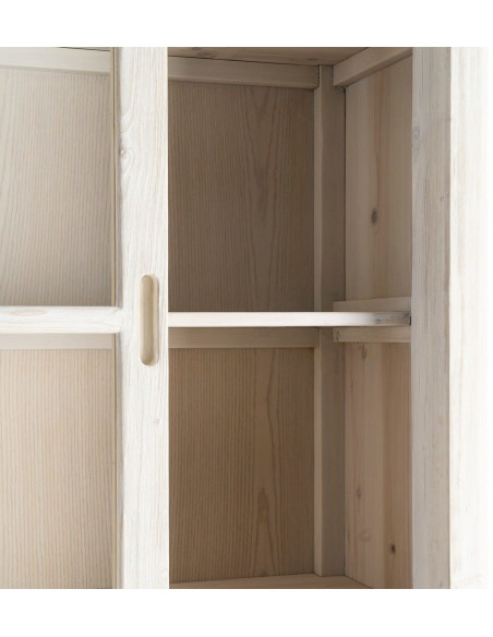 Grande Bibliothèque Vitrine campagne chic 2 portes 4 tiroirs Bois de pin Naturel Blanchi Verre Transparent Héritagea 