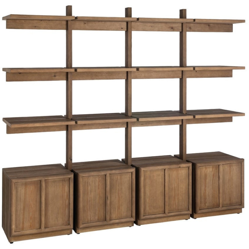 Grande Bibliothèque design Japandi 4 portes 3 étagères Bois de pin Marron Ateléo 