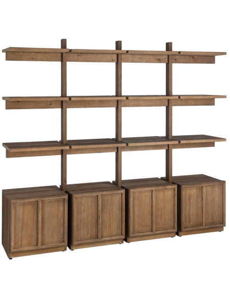 Grande Bibliothèque design Japandi 4 portes 3 étagères Bois de pin Marron Ateléo 
