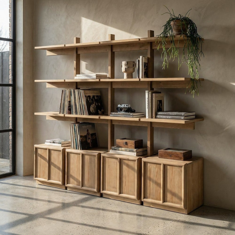 Grande Bibliothèque design Japandi 4 portes 3 étagères Bois de pin Marron Ateléo 
