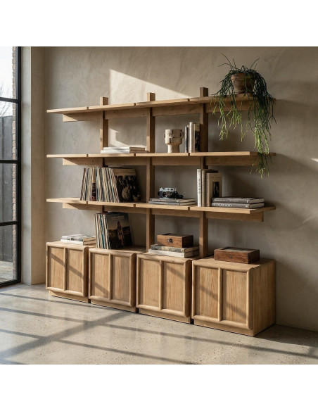 Grande Bibliothèque design Japandi 4 portes 3 étagères Bois de pin Marron Ateléo 