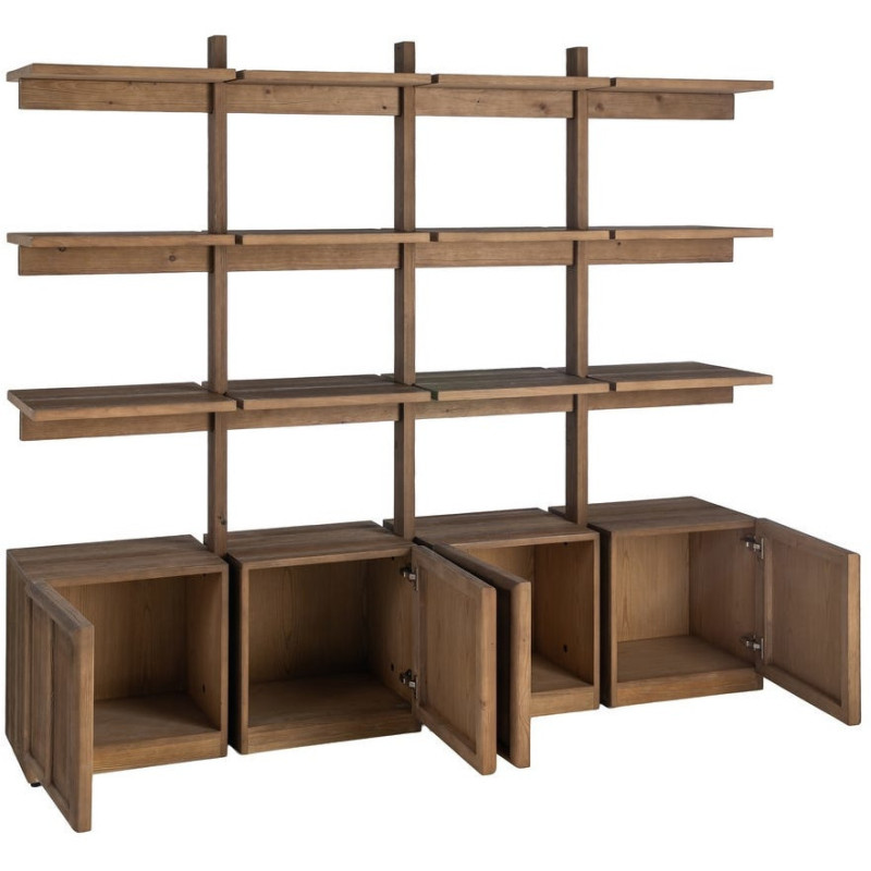 Grande Bibliothèque design Japandi 4 portes 3 étagères Bois de pin Marron Ateléo 