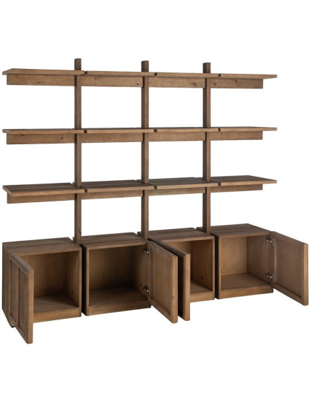 Grande Bibliothèque design Japandi 4 portes 3 étagères Bois de pin Marron Ateléo 