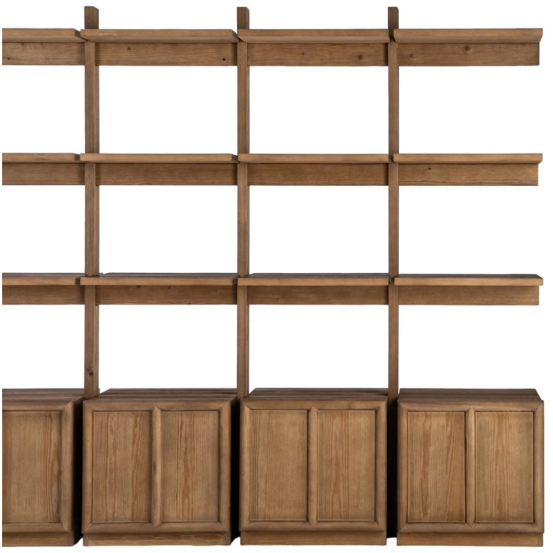 Grande Bibliothèque design Japandi 4 portes 3 étagères Bois de pin Marron Ateléo 