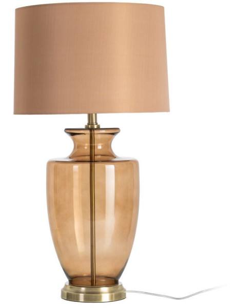 Grande Lampe à poser design rétro chic H 75 cm Verre Ambré Tissu Marron clair Métal Doré Calysa 
