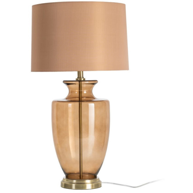 Grande Lampe à poser design rétro chic H 75 cm Verre Ambré Tissu Marron clair Métal Doré Calysa 