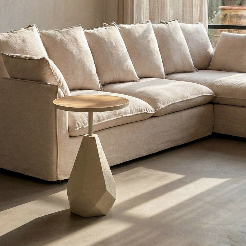 Table d'appoint design sculptural contemporain Ronde 45 cm Métal Blanc crème Bois MDF Naturel Érovia 