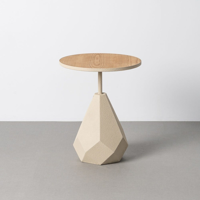 Table d'appoint design sculptural contemporain Ronde 45 cm Métal Blanc crème Bois MDF Naturel Érovia 
