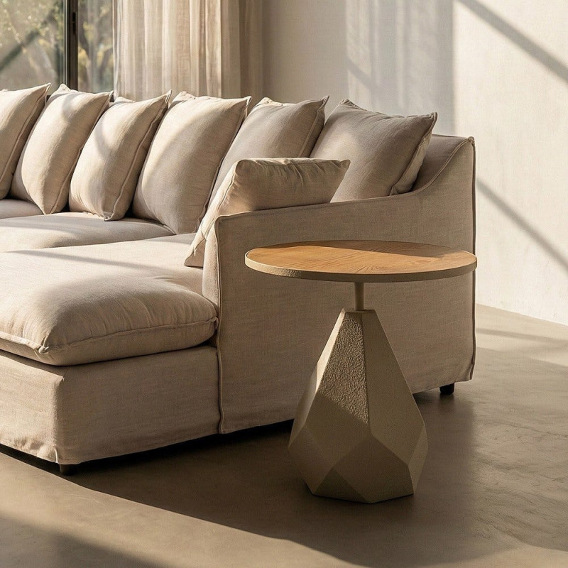 Table d'appoint design sculptural contemporain Ronde 50 cm Métal Blanc crème Bois MDF Naturel Érovia 