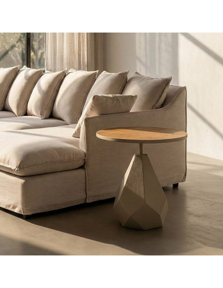 Table d'appoint design sculptural contemporain Ronde 50 cm Métal Blanc crème Bois MDF Naturel Érovia 