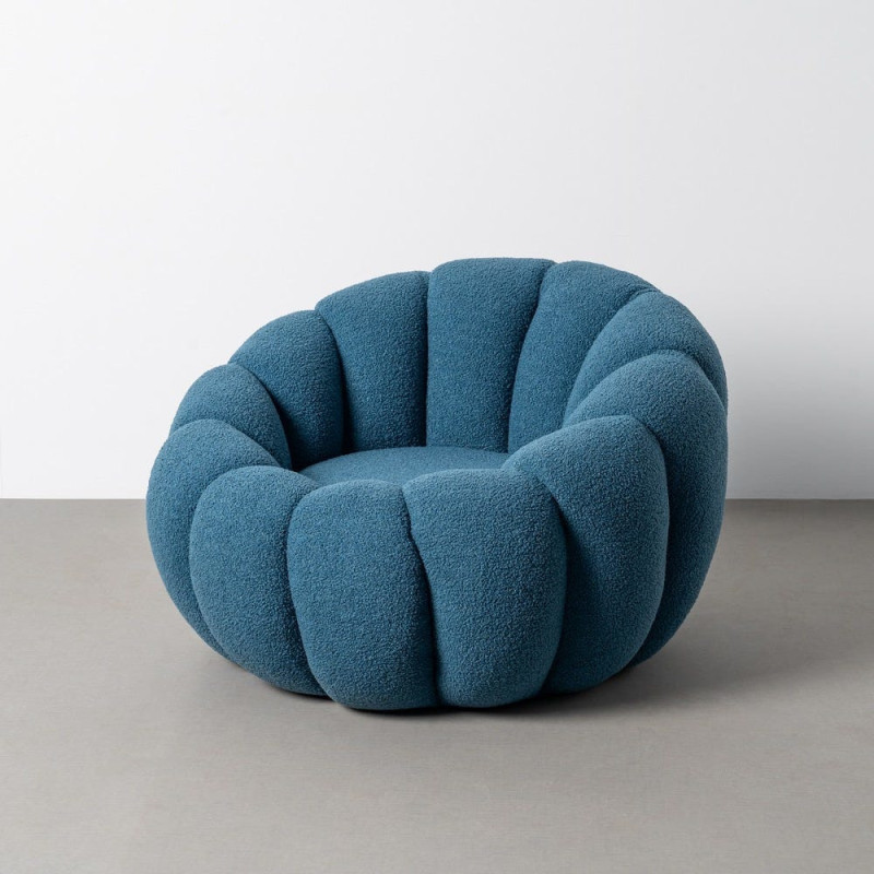 Fauteuil lounge design organique moderne style années 70 Tissu chiné texturé Bleu Bois MDF Cocoonyo 