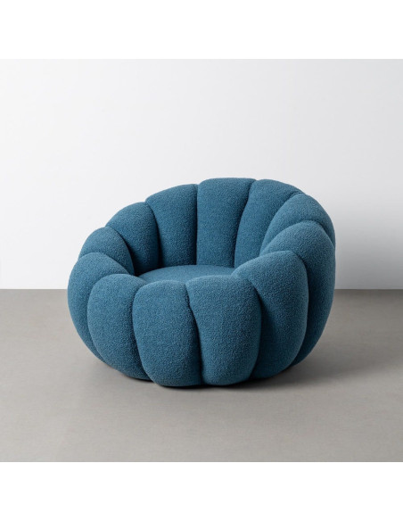 Fauteuil lounge design organique moderne style années 70 Tissu chiné texturé Bleu Bois MDF Cocoonyo 