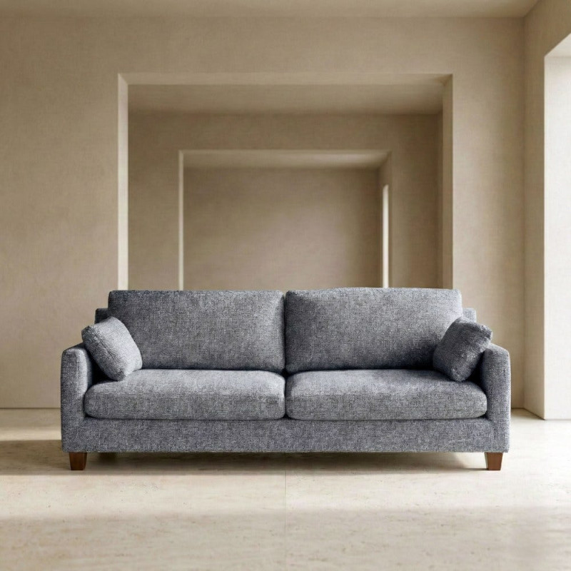 Grand Canapé minimaliste esprit scadinave Droit 3 places 221 cm Tissu chiné texturé Bleu Bois d'hévéa Seloriado 