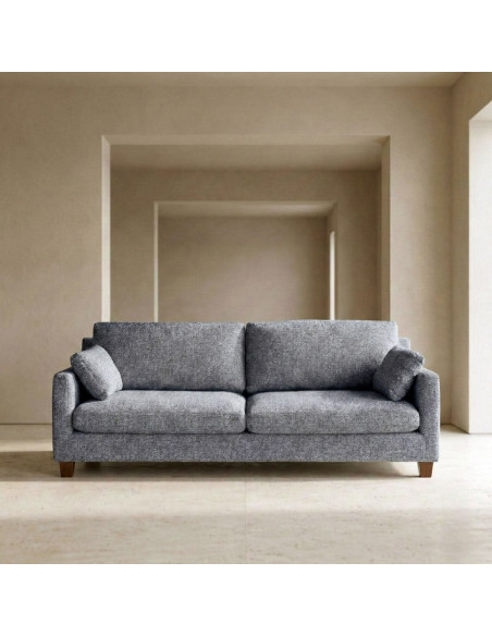 Grand Canapé minimaliste esprit scadinave Droit 3 places 221 cm Tissu chiné texturé Bleu Bois d'hévéa Seloriado 