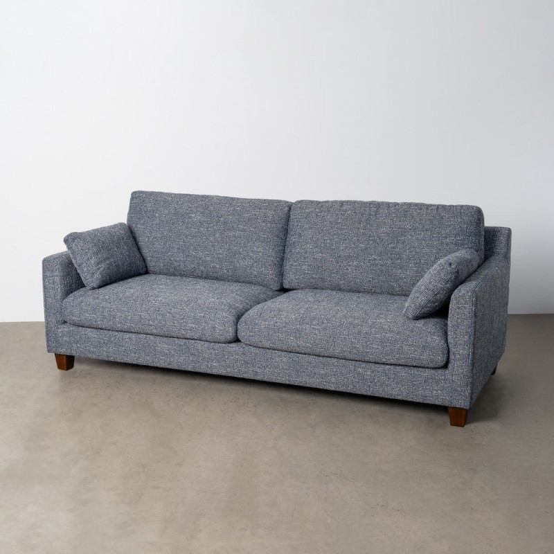 Grand Canapé minimaliste esprit scadinave Droit 3 places 221 cm Tissu chiné texturé Bleu Bois d'hévéa Seloriado 