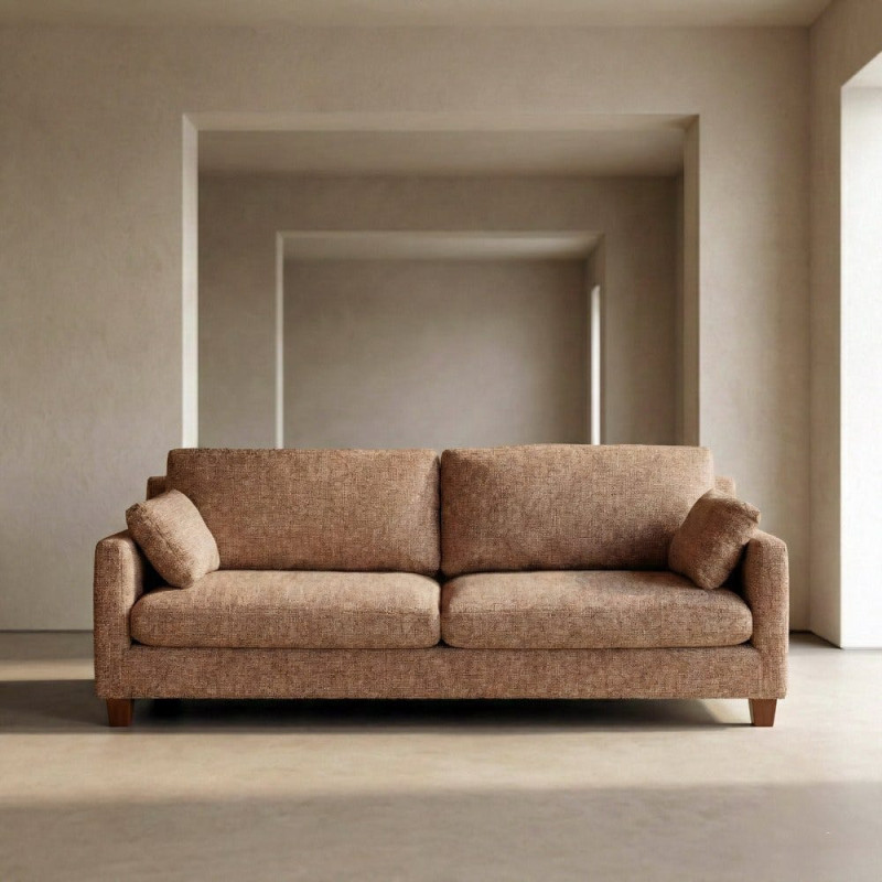 Grand Canapé minimaliste esprit scadinave Droit 3 places 221 cm Tissu chiné texturé Ocre Bois d'hévéa Seloriado 