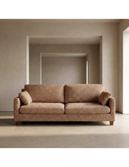 Grand Canapé minimaliste esprit scadinave Droit 3 places 221 cm Tissu chiné texturé Ocre Bois d'hévéa Seloriado 