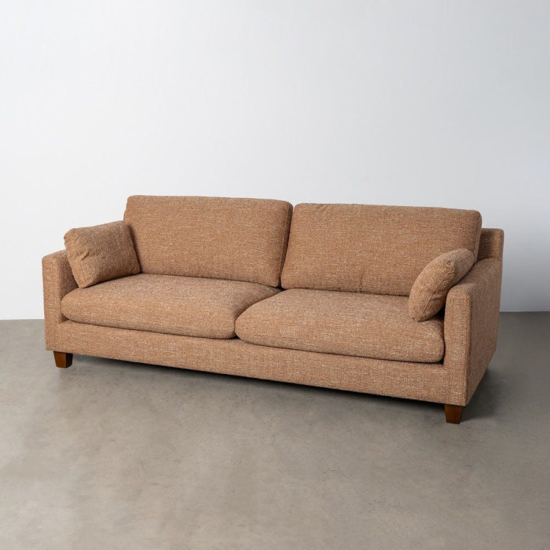Grand Canapé minimaliste esprit scadinave Droit 3 places 221 cm Tissu chiné texturé Ocre Bois d'hévéa Seloriado 